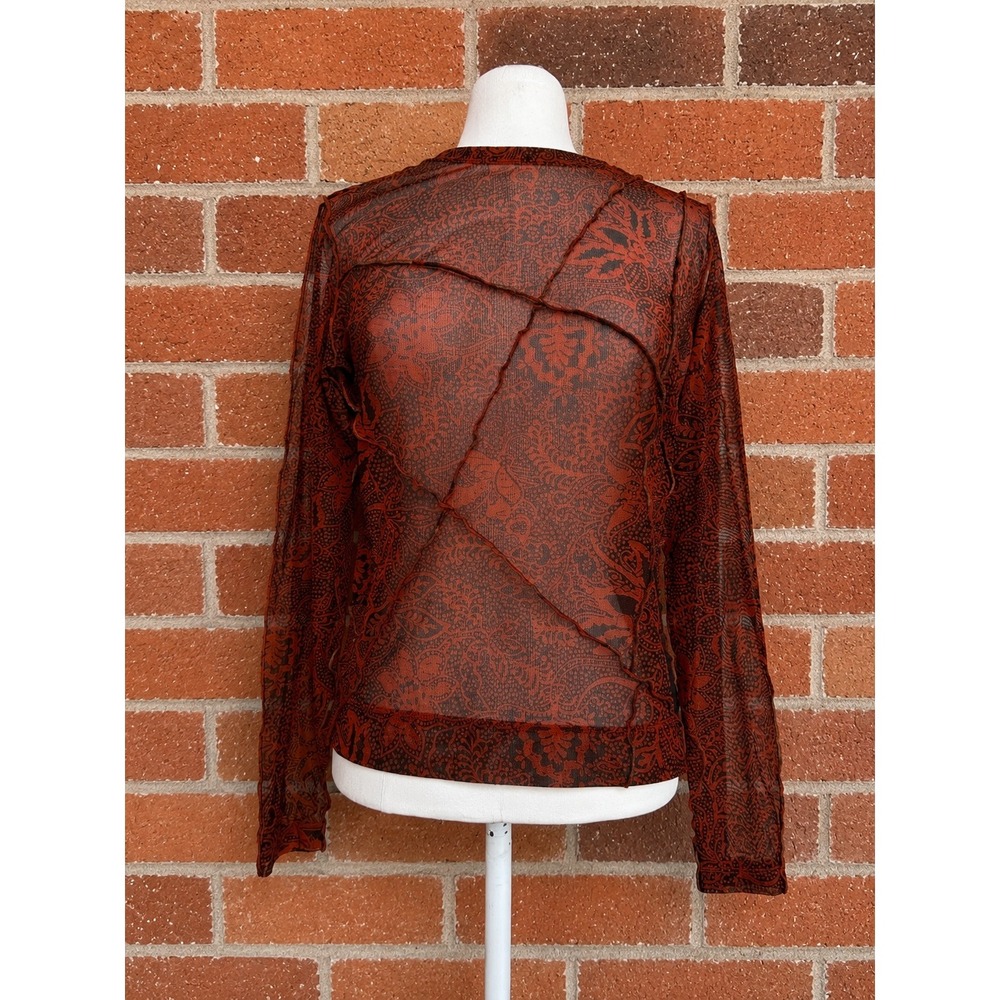 Vintage Red Paisley Sheer Mesh Patchwork Long Sleeve Whimsigoth Boho Grunge S